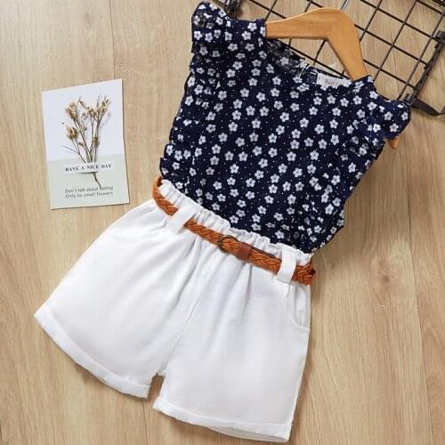 Children Girl Sets Summer Costume Casual Flowers Blue Clothing Kids Shirt + Pants Outfits Baby Clothes Suit