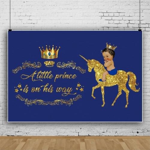 Royal Blue Little Prince Newborn Baby Shower Photography Backdrop Golden Crown Customize Boy 1st Birthday Photo Background