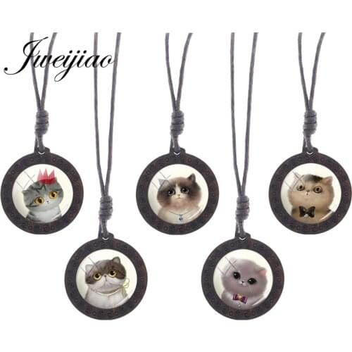 JWEIJIAO Women Necklace Cute Cat Vintage Rope Chains Wooden Round Pendant Necklace Lovely Animal Jewelry C778