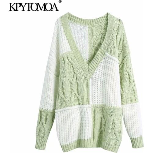 KPYTOMOA Women 2021 Fashion Patchwork Oversized Knitted Sweater Vintage O Neck Long Sleeve Female Pullovers Chic Tops