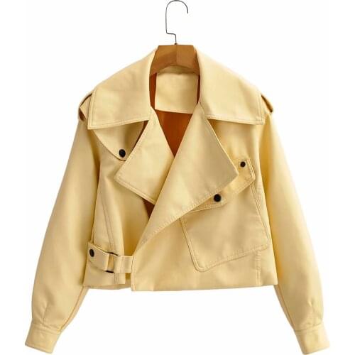 New Spring Women Faux Leather Jacket Biker Yellow Black Coat Turndown Collar PU Motorcycle Jackets Loose Streetwear Outerwear