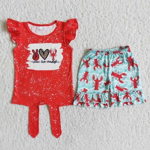 Summer Baby Girls Two Pieces Outfits Peace Love Crawfish Knotted Hem Shirt Blue Shorts Kids Clothing