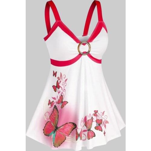 Tank Top Women Sleeveless Shirts Summer Elegant Ladies Casual Butterfly Print O Ring Tanks Plus SIze Strappy Vest Tops Shirt
