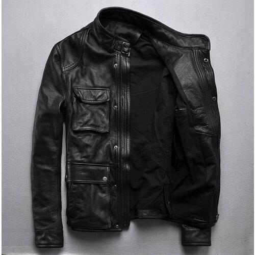 Men Genuine Leather jacket Cowhide Locomotive Clothing Zipper Stand collar Slim fit Black Youth Winter Coat
