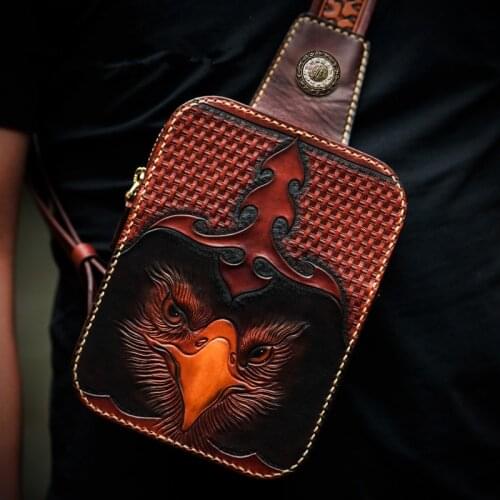 Handmade Top layer Leather Men Vegetable Tanned Leather Shoulder Bag Cowhide Hand-carved Eagle Delicate Chest Bags