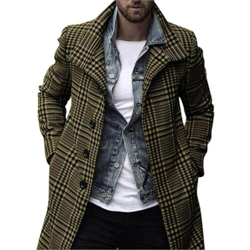 Mens Casual Length Cardigan Button Plover Case Plaid Print Wool Long Sleeve Turn-down Collar Coat Casual Winter Mens Long Coat