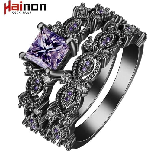 Black silver plated Rings sets blue pink white purple color zircon trendy new fashion jewelry gift princess Engagement Rings
