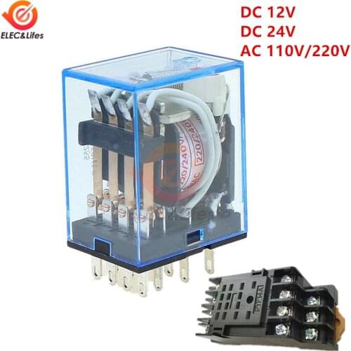 Small Electromagnetic Relay MY4NJ AC 110V 220V DC 24V 12V Coil Relay Module with Base Socket 4PDT 14 Pin Silver plated contact