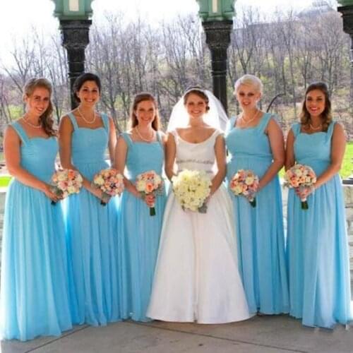 Cheap Sky Blue Long Chiffon Bridesmaid Dresses With Straps A-Line Maid of Honor Dresses Floor length Prom Party Gowns Plus Size