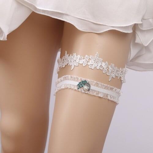 Wedding Garters green Rhinestone White Lace Sexy Leg Garters 2pcs set for Women Bridal Accessories Thigh Ring Prom Garter