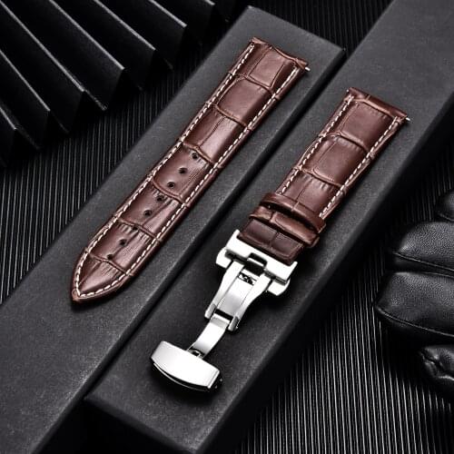 Embossed Genuine Leather Strap with Solid Automatic Butterfly Buckle Business Watch Straps 18mm 20mm 22mm 24mm Men Watchband
