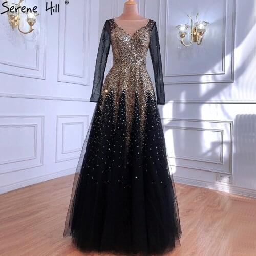 Serene Hill Muslim Black Gold Luxury Evening Dresses Gowns 2021 A-Line Sparkle Beading For Women Party LA70902