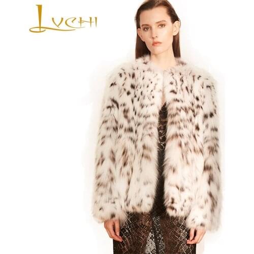 LVCHI Winter 2019 Milan Pure White Bobcats Fur Coats Womens Long Sleeve Wild Bobcats Slim O-Neck Short Ladies Bobcats Coats