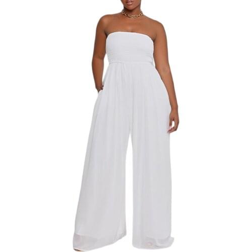Women Summer Jumpsuit, Solid Color Strapless Off-Shoulder Loose Siamese Trousers with Pockets for Girls, 4 Colors