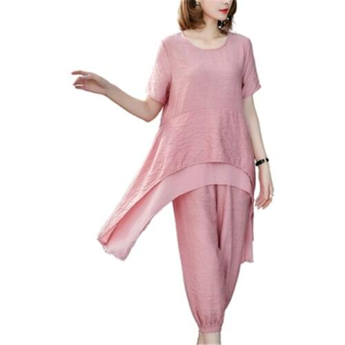 Cover Belly Suit Female 2019 Summer Fashion New Age Reduction Slim Suit Two-Piece Large Size Foreign Gas Suit Cotton And Linen