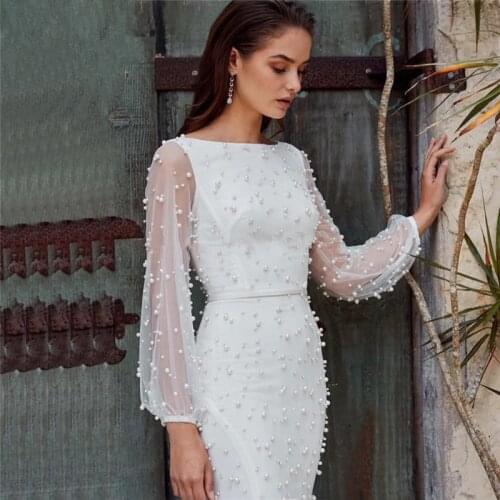 White Muslim Evening Dresses Mermaid Long Sleeves Pearls Dubai Saudi Arabic Long Evening Gown Prom