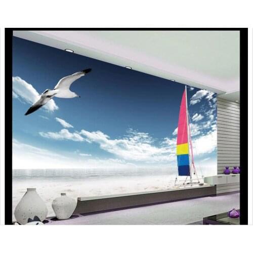 Free shipping 2015 new custom non-woven wallpaper Sailing seagull beach, the blue sky white clouds beauty mural wallpaper room