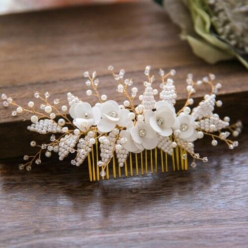 Beaded Floral Bridal Hair Comb Jewelry Pearls Headpiece Gold Wedding Hair Vine Accessories Women Combs