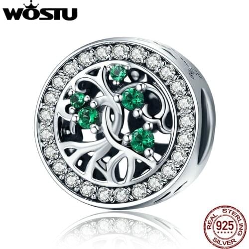 WOSTU New 100% Real 925 Sterling Silver Tree Of Life ,Green CZ Beads Fit Original WST Charm Bracelet Jewelry Gift CQC179