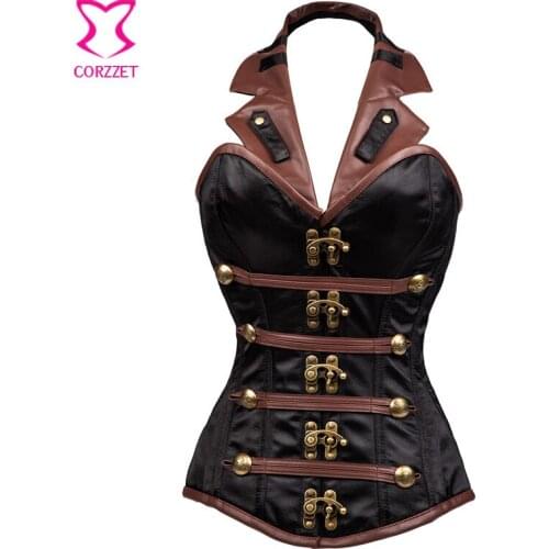 Black / Brown Halter Collar Women Plus Size Waist Trainer Corset Top Sexy Steampunk Costume Burlesque Corselet Corpet Gotico