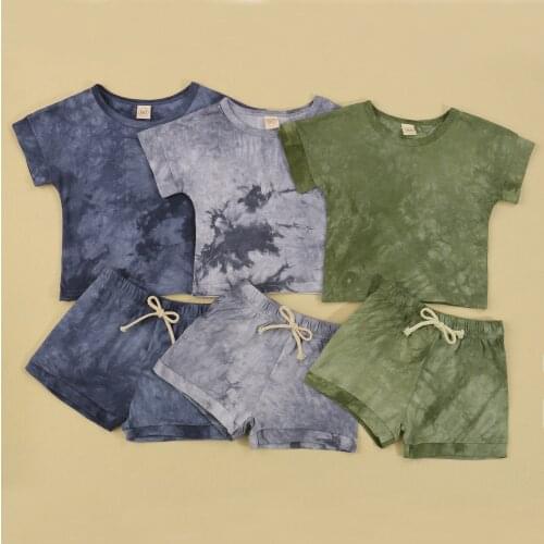 Kids Boys Suit Set, 2021 New Fashion Summer Tie-Dyed O-Neck Short Sleeve T-Shirt+ Short Pants Green/Gray/Blue, 1-5 Years