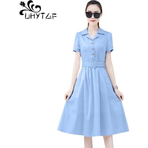 UHYTGF Plus size dresses women Lapel single-breasted summer dress temperament female long dresses fashion lady bandage dress 581