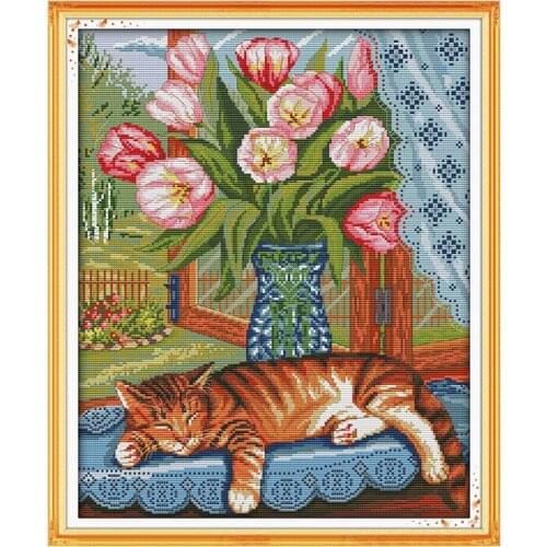 Cat on The Windowsill Paintings DIY Needlework Cross Stitch Sets for Embroidery Thread Sets 14ct Printed Canvas 11ct White Cloth