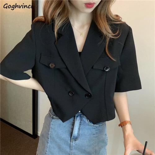 Summer Short Sleeve Irregular Black Blazers Women Fashionable Ulzzang Office Lady Double Breasted Crop Tops Loose Outwear Suits