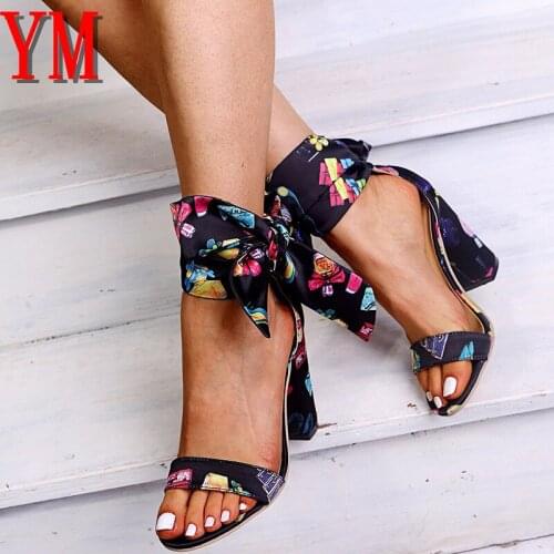 Flock High Heel Summer Style Ribbon Sandals Vintage Black Sexy Fashion Ankle Strap Pumps Bow-knot Casual Shoes Woman Shoes 43