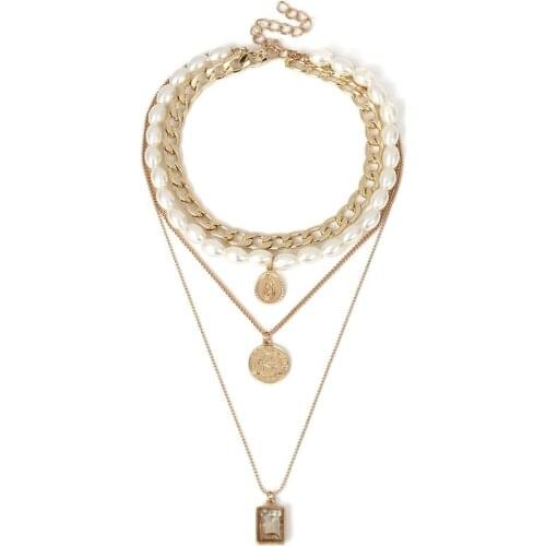 Hot Women Vintage Multilayer Coin Pendant Faux Pearl Embossed Long Sweater Chain Necklace Statement Jewelry Decor Ladies Gift