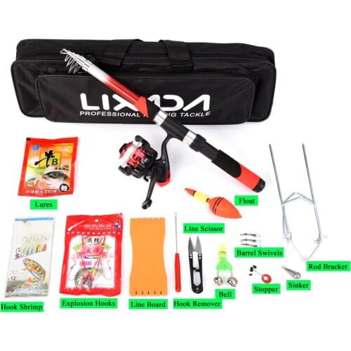 Lixada Telescopic Fishing Rod Reel Kit with 2.1m Telescopic Fiberglass Fishing Sea Rod Spinning Fishing Reel Fishing Baits Hooks