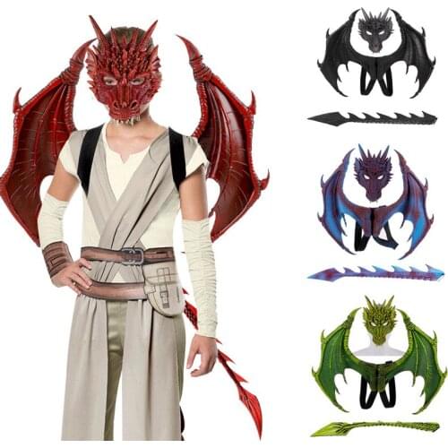 3pcs Halloween Dragon Cosplay Set Gift For Children Carnival Party Kids Dragon Wing Mask Tail Dragon Prop Costume Xmas Gift