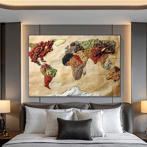 World Map Wall Posters Home Decor Grain Map Canvas Art Paintings On The Wall Modern Map Pictures For kitchen Room Cuadros Decor