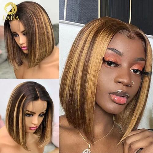 Highlight Short Bob Straight Human Hair 13*4 Lace Front Wigs Human Hair 4/27 Blonde Mixed Brown Human Hair Wigs for Black Women