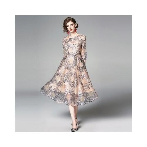 ZAWFL Europe Luxury Design Elegant Women 2021 Summer Vintage 3/4 Sleeves Embroidery Lace A line Dress Banquet Party Vestidos