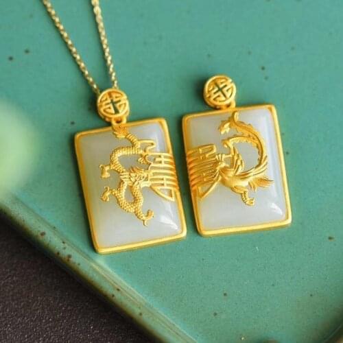 Prosperity Brought by the Dragon and the Phoenix Natural Hetian Jade Necklace Womens Sterling Silver Chinese Style Vintage