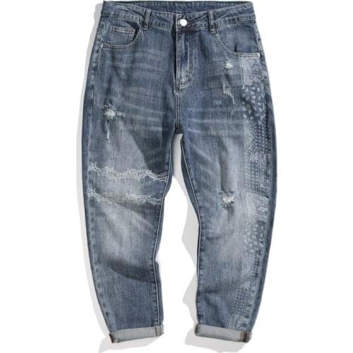 Ripped Jeans Men Blue Stretch Capris Pants Trendy Printed Patterns Destroyed Hip Hop Mens Cropped Trousers Baggy Jeans Harem