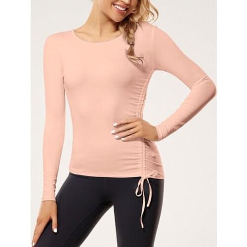 Slim Round Neck Solid Color T-Shirt Elastic Drawstring Womens Casual Top Long Sleeve Sexy Slim T-Shirt