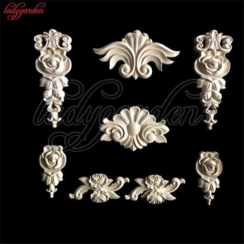 Vintage Unpainted Wood Carved Decal Corner Applique Frame for Home Wall Cabinet Door Decorative Wooden Miniature Craft