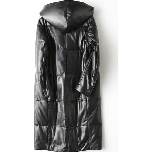 Jacket Leather Genuine Women Winter Warm Duck Down Hooded Long Overcoat Sheepskin Real Leather jacket Outwear LX2114