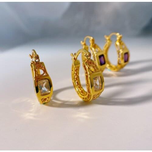 Women zircon shiny thick real gold plated earrings hoop entry lux gift jewelry
