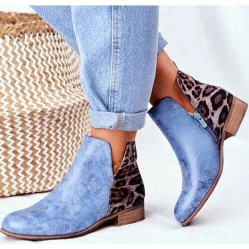 Autumn Women Ankle Boots Leopard PU Leather Short Boots Woman Low Heels Zipper Ladies Round Toe Winter Nice Vogue Female Shoe