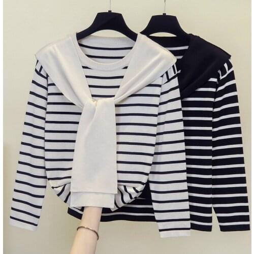 4XL plus size women Stripe kintting basic sweater autumn winter 2021 long sleeve o neck bow Oversized pullover sueters de mujer