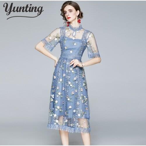Women Lace Summer High Quality Elegant A Line Casual Office Party Dress Vestidos Robe Femme