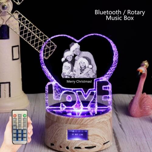 Bluetooth Rgb Light Love Crystal Custom Laser Photo Glass Photo Frame Rotating Music Box Wedding Birthday Christmas Gift