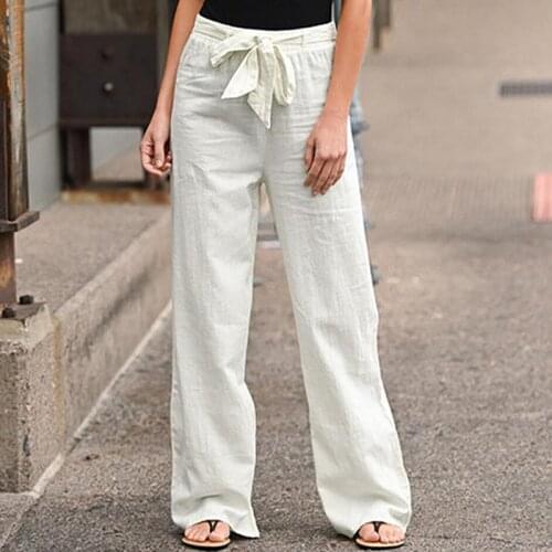 Women Wide Leg Pants High Waist Belt Solid Color Casual Cotton Linen Long Straight Pants Female Ankle-length Length Trousers