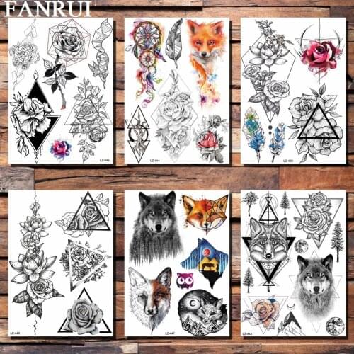 FANRUI Tribal Forest Wolf Rose Tattoo Temporary Body Art Tatoo For Men Women Henna Waterproof Fox 3D Fake Arm Leg Tattoo Sitcker