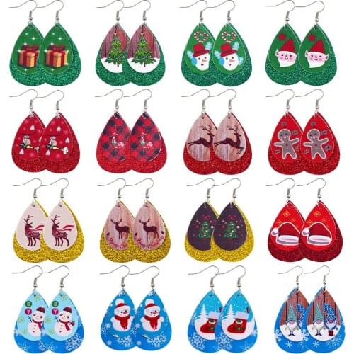 Hot sale Christmas earrings water drop-shaped double leather earrings Santa Claus elk holiday jewelry Dropshipping