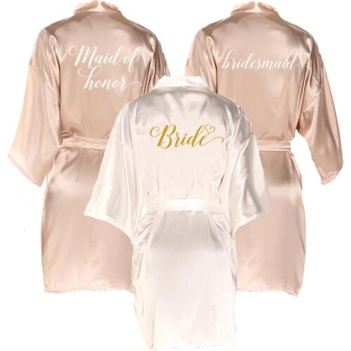 New Champagne bathrobe bride satin silk robe women bridal party sister team bride wedding gift bridesmaid wedding short robes