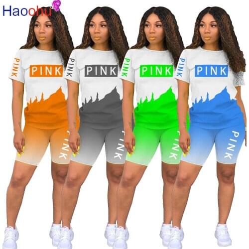 HAOOHU Pink Letter Print 2 Piece Set Womens Outfits Tie Dye Print Birthday Suit Woman Top And Biker Shorts Sweet Matching Set
